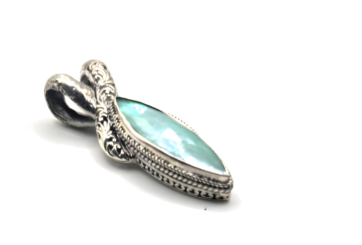 SARDA 925 Sterling Silver Blue Green Marquise Stone Pendant