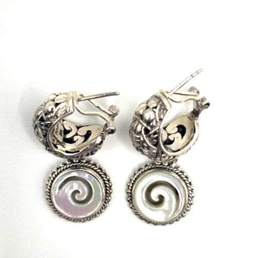 SARDA 925 Sterling Silver Iridescent Shell Spiral Dangle Hoop Earrings