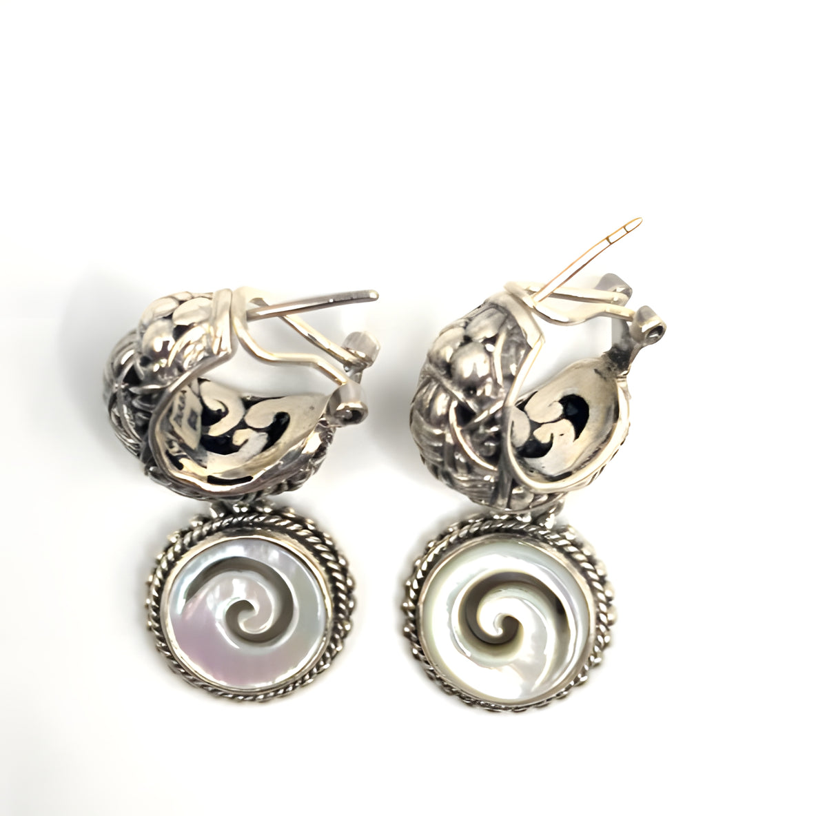 SARDA 925 Sterling Silver Iridescent Shell Spiral Dangle Hoop Earrings