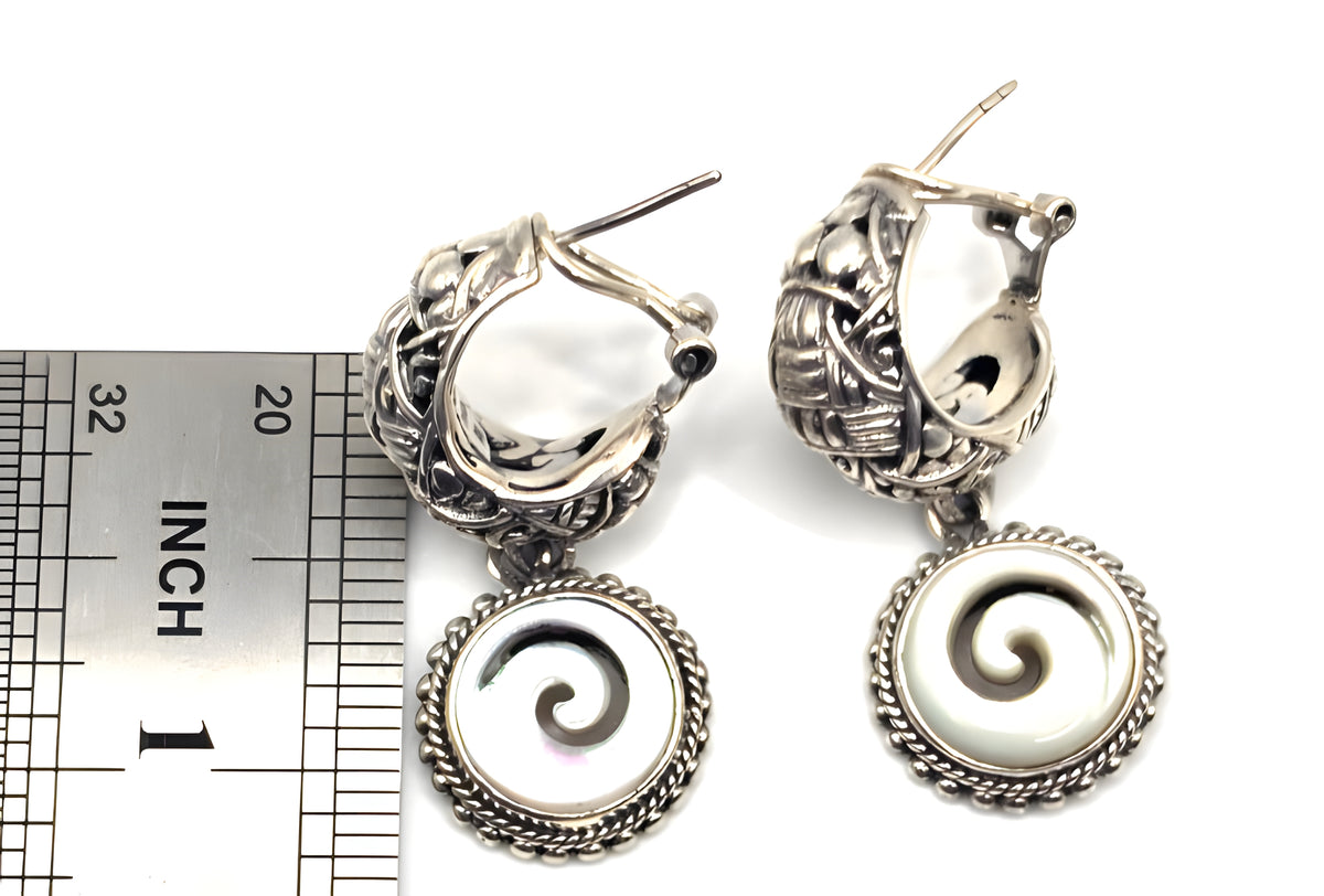 SARDA 925 Sterling Silver Iridescent Shell Spiral Dangle Hoop Earrings