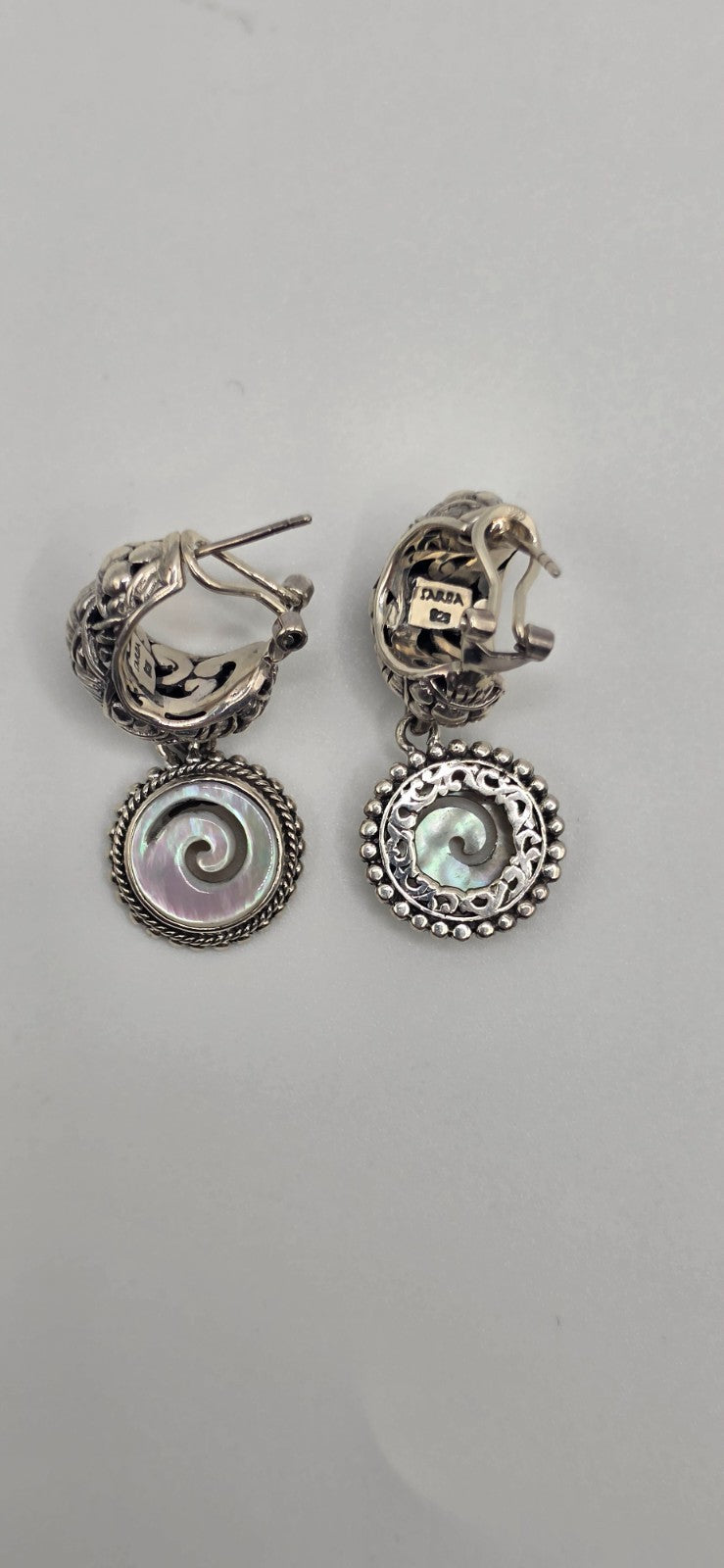 SARDA 925 Sterling Silver Iridescent Shell Spiral Dangle Hoop Earrings