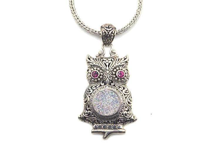 SARDA 925 Sterling Silver Owl Pendant Sparkling Druzy-Style Pink Eyes