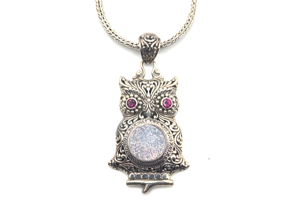 SARDA 925 Sterling Silver Owl Pendant Sparkling Druzy-Style Pink Eyes