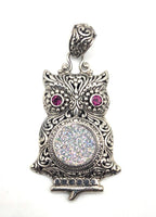 SARDA 925 Sterling Silver Owl Pendant Sparkling Druzy-Style Pink Eyes