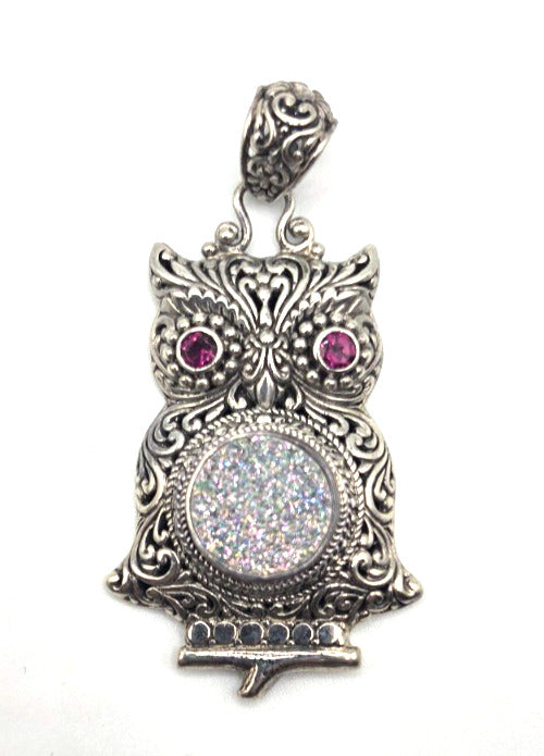 SARDA 925 Sterling Silver Owl Pendant Sparkling Druzy-Style Pink Eyes