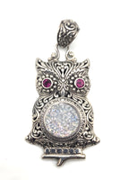 SARDA 925 Sterling Silver Owl Pendant Sparkling Druzy-Style Pink Eyes