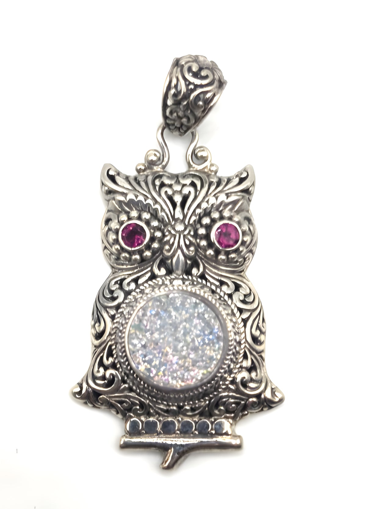 SARDA 925 Sterling Silver Owl Pendant Sparkling Druzy-Style Pink Eyes