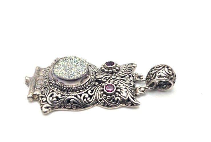 SARDA 925 Sterling Silver Owl Pendant Sparkling Druzy-Style Pink Eyes