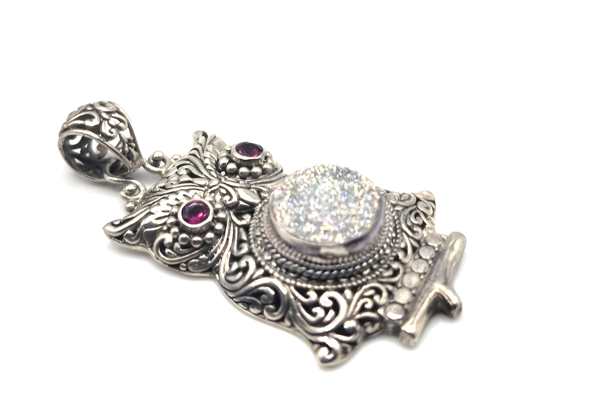 SARDA 925 Sterling Silver Owl Pendant Sparkling Druzy-Style Pink Eyes