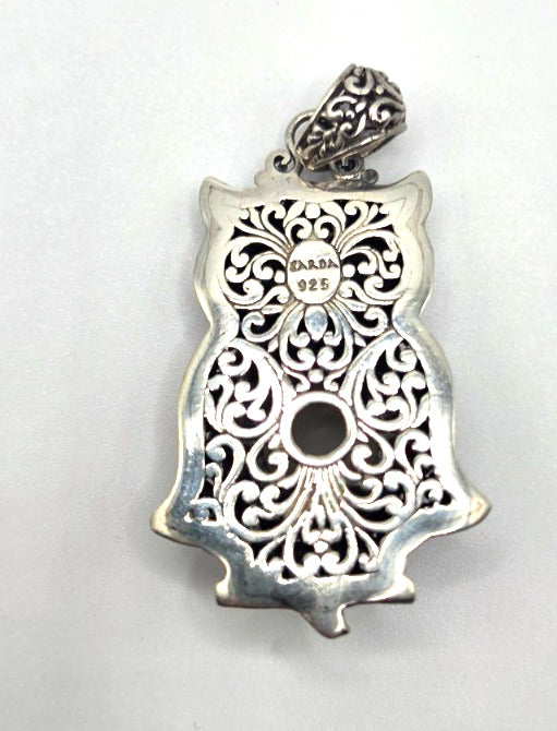 SARDA 925 Sterling Silver Owl Pendant Sparkling Druzy-Style Pink Eyes
