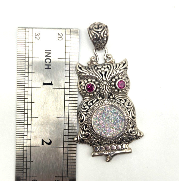 SARDA 925 Sterling Silver Owl Pendant Sparkling Druzy-Style Pink Eyes