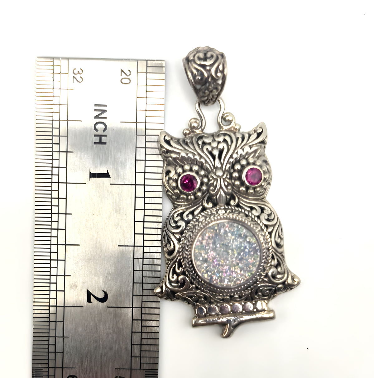 SARDA 925 Sterling Silver Owl Pendant Sparkling Druzy-Style Pink Eyes
