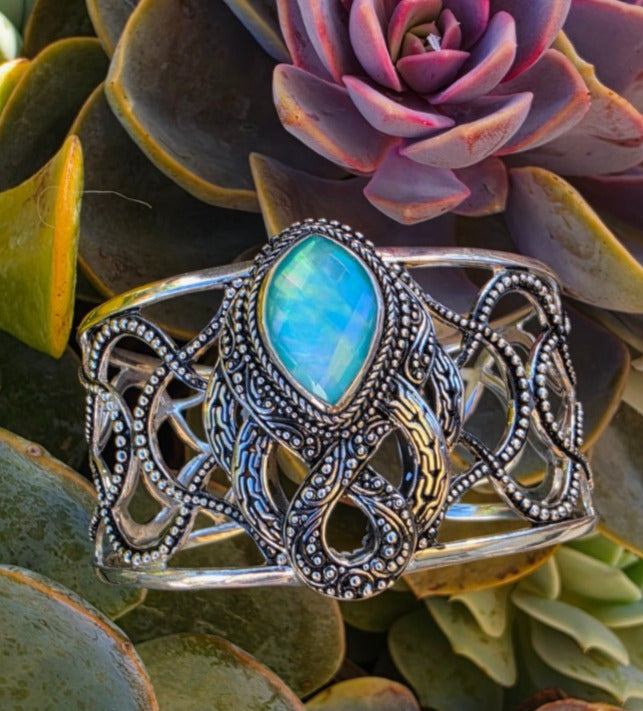 SARDA Sterling Silver 925 Blue Green Gemstone Wide Cuff Bracelet NWOT