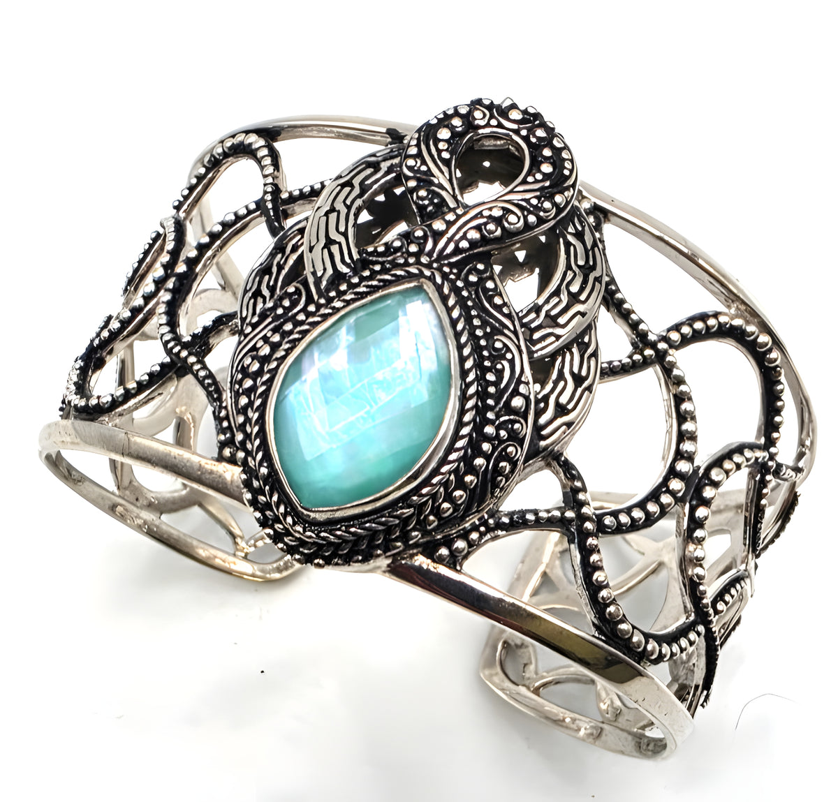 SARDA Sterling Silver 925 Blue Green Gemstone Wide Cuff Bracelet NWOT