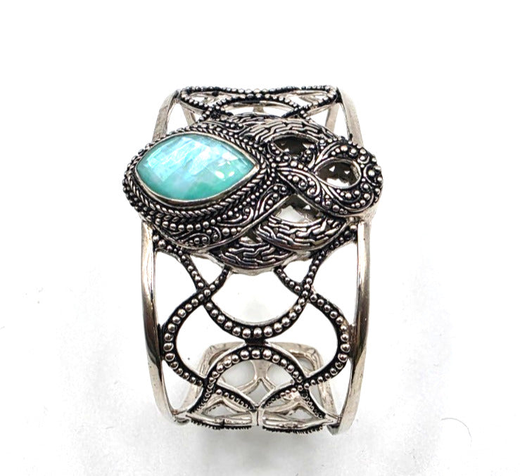 SARDA Sterling Silver 925 Blue Green Gemstone Wide Cuff Bracelet NWOT
