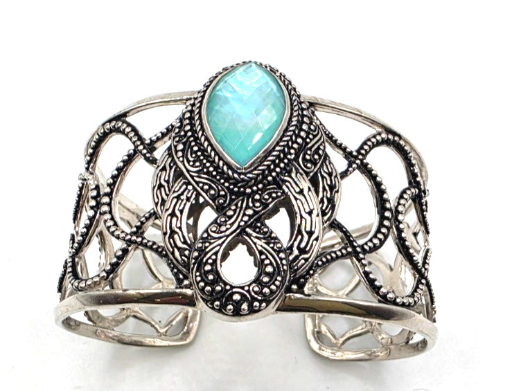 SARDA Sterling Silver 925 Blue Green Gemstone Wide Cuff Bracelet NWOT