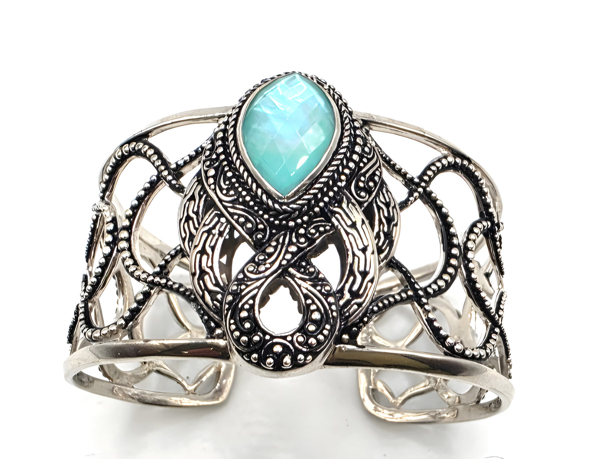 SARDA Sterling Silver 925 Blue Green Gemstone Wide Cuff Bracelet NWOT