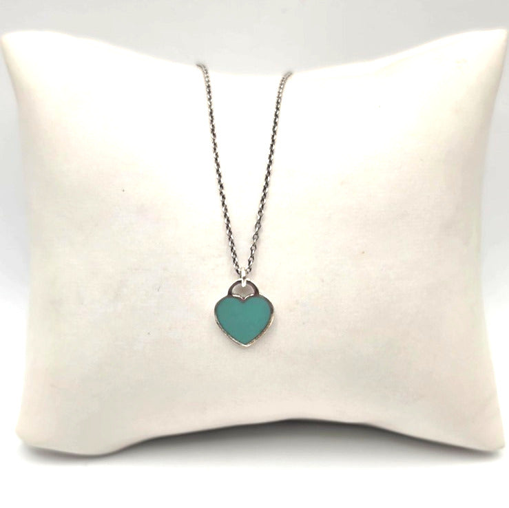 17" Return To Tiffany & Co. Blue Enamel Heart Pendant Necklace Silver w/ POUCH