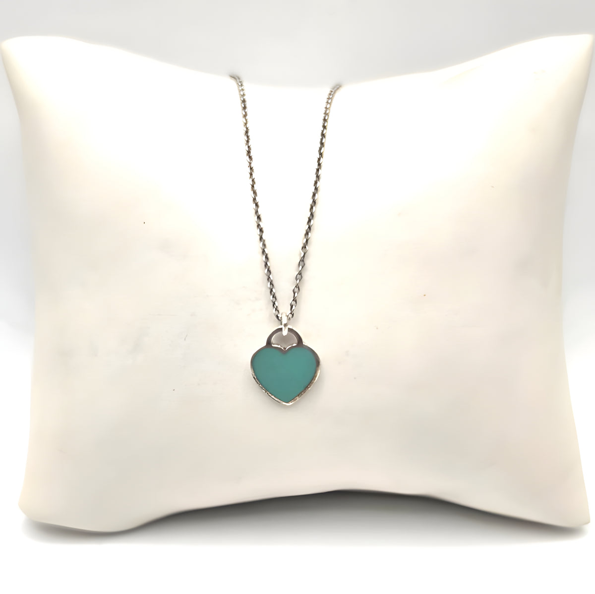 17" Return To Tiffany & Co. Blue Enamel Heart Pendant Necklace Silver w/ POUCH