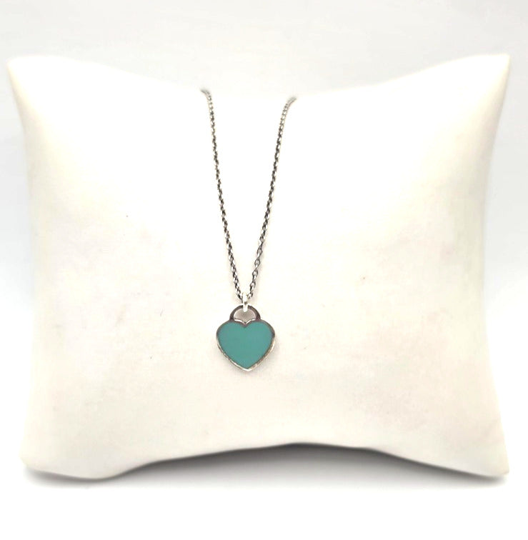 17" Return To Tiffany & Co. Blue Enamel Heart Pendant Necklace Silver w/ POUCH