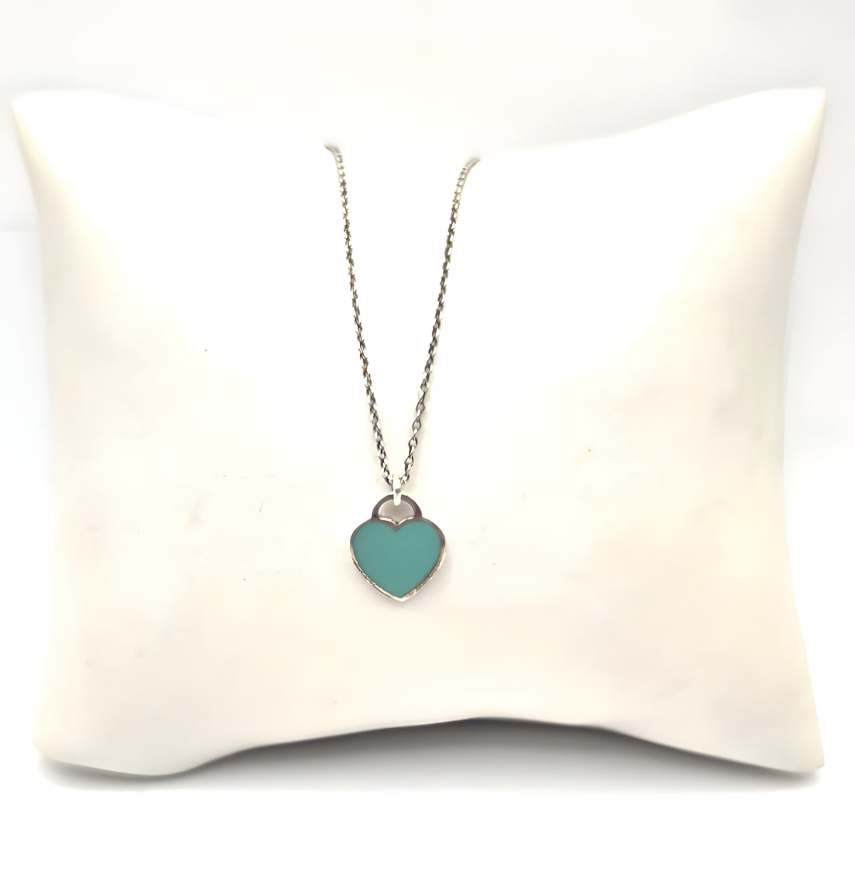 17" Return To Tiffany & Co. Blue Enamel Heart Pendant Necklace Silver w/ POUCH