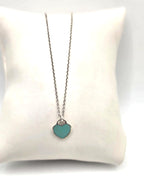 17" Return To Tiffany & Co. Blue Enamel Heart Pendant Necklace Silver w/ POUCH