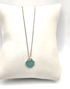 17" Return To Tiffany & Co. Blue Enamel Heart Pendant Necklace Silver w/ POUCH
