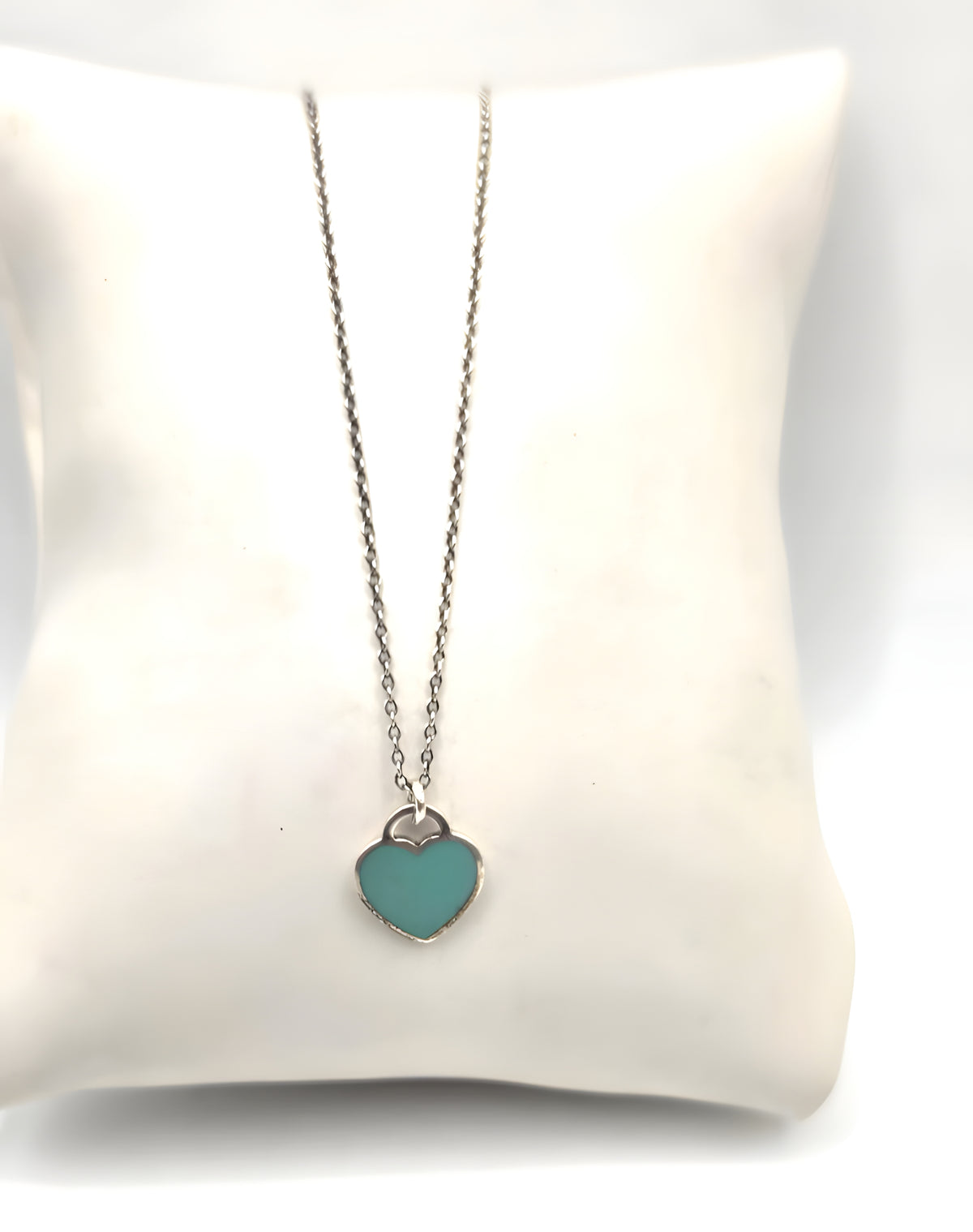 17" Return To Tiffany & Co. Blue Enamel Heart Pendant Necklace Silver w/ POUCH