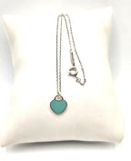 17" Return To Tiffany & Co. Blue Enamel Heart Pendant Necklace Silver w/ POUCH