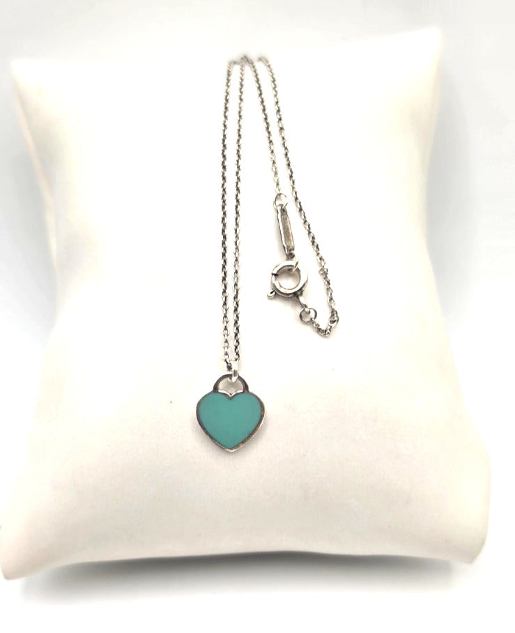 17" Return To Tiffany & Co. Blue Enamel Heart Pendant Necklace Silver w/ POUCH