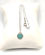 17" Return To Tiffany & Co. Blue Enamel Heart Pendant Necklace Silver w/ POUCH