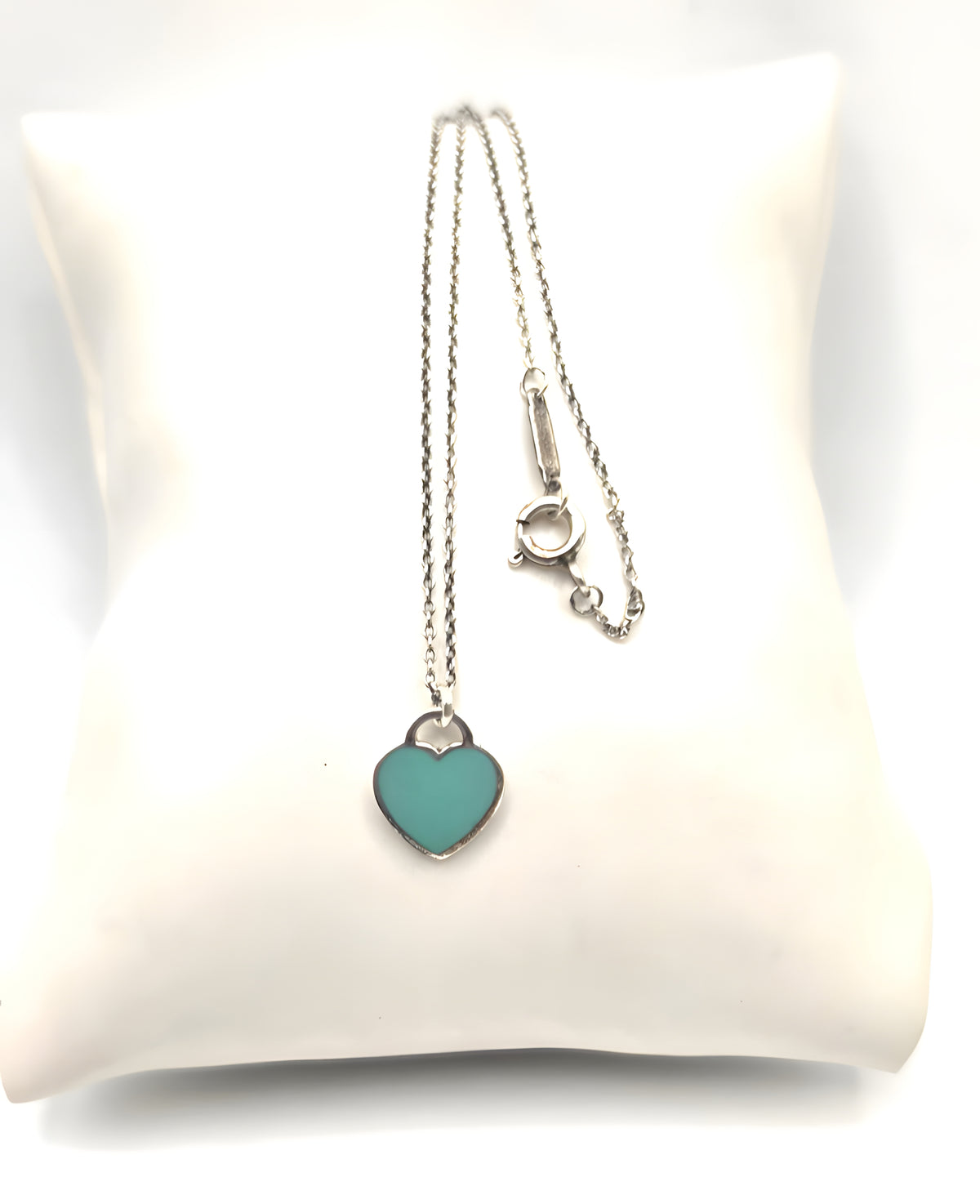 17" Return To Tiffany & Co. Blue Enamel Heart Pendant Necklace Silver w/ POUCH