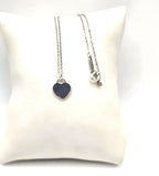 17" Return To Tiffany & Co. Blue Enamel Heart Pendant Necklace Silver w/ POUCH
