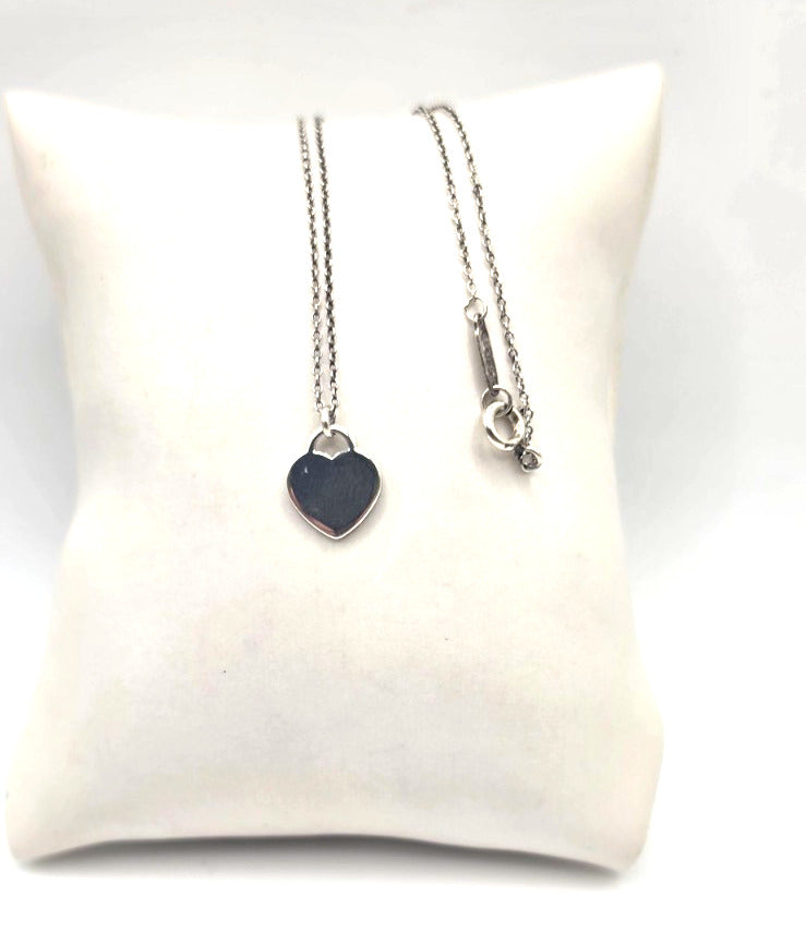 17" Return To Tiffany & Co. Blue Enamel Heart Pendant Necklace Silver w/ POUCH