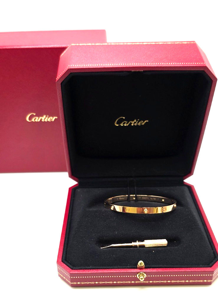 Cartier LOVE Bracelet 18K Rose Gold 4 Diamond Size 17 Bangle Box Papers Screwdri