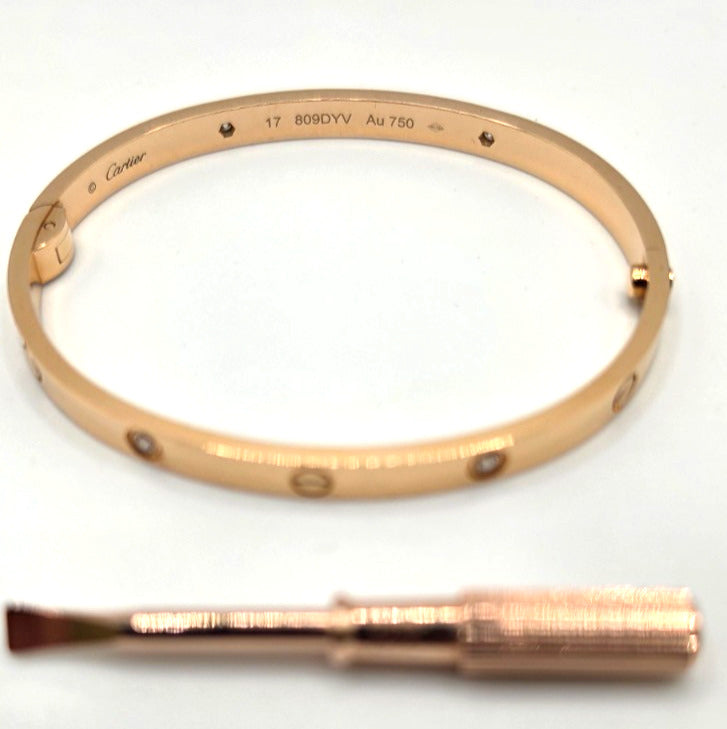 Cartier LOVE Bracelet 18K Rose Gold 4 Diamond Size 17 Bangle Box Papers Screwdri