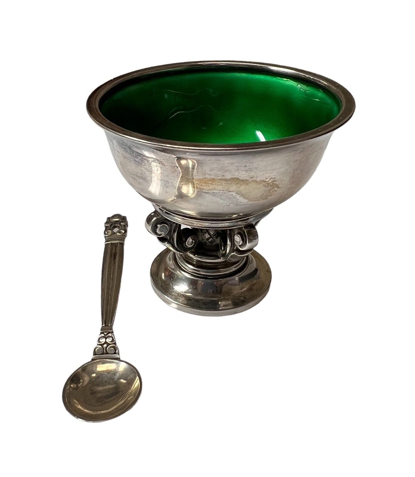 Georg Jensen Sterling Silver Salt Cellar with green Enamel #741-  Acorn / Konge