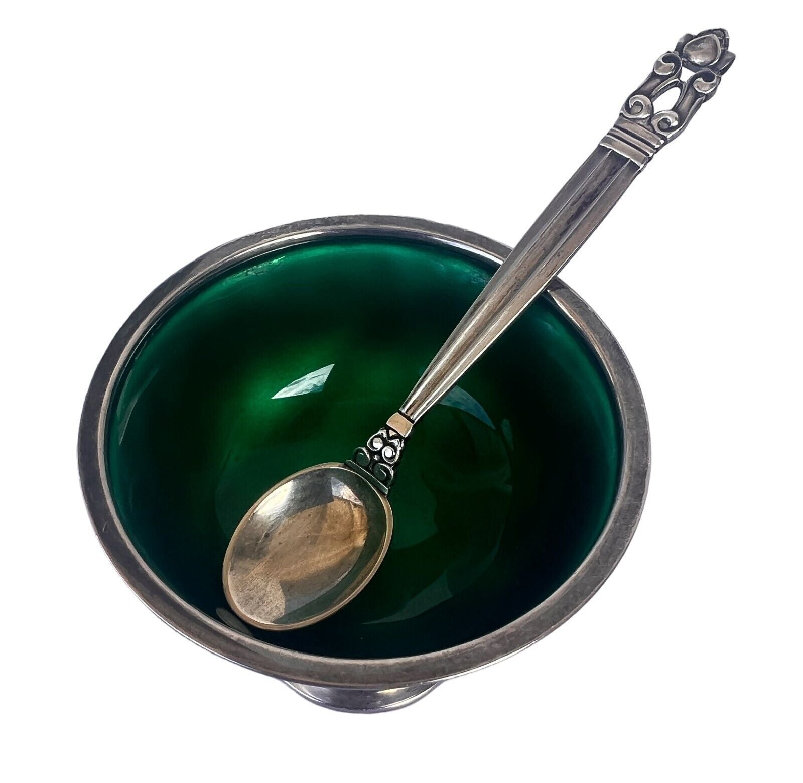 Georg Jensen Sterling Silver Salt Cellar with green Enamel #741-  Acorn / Konge