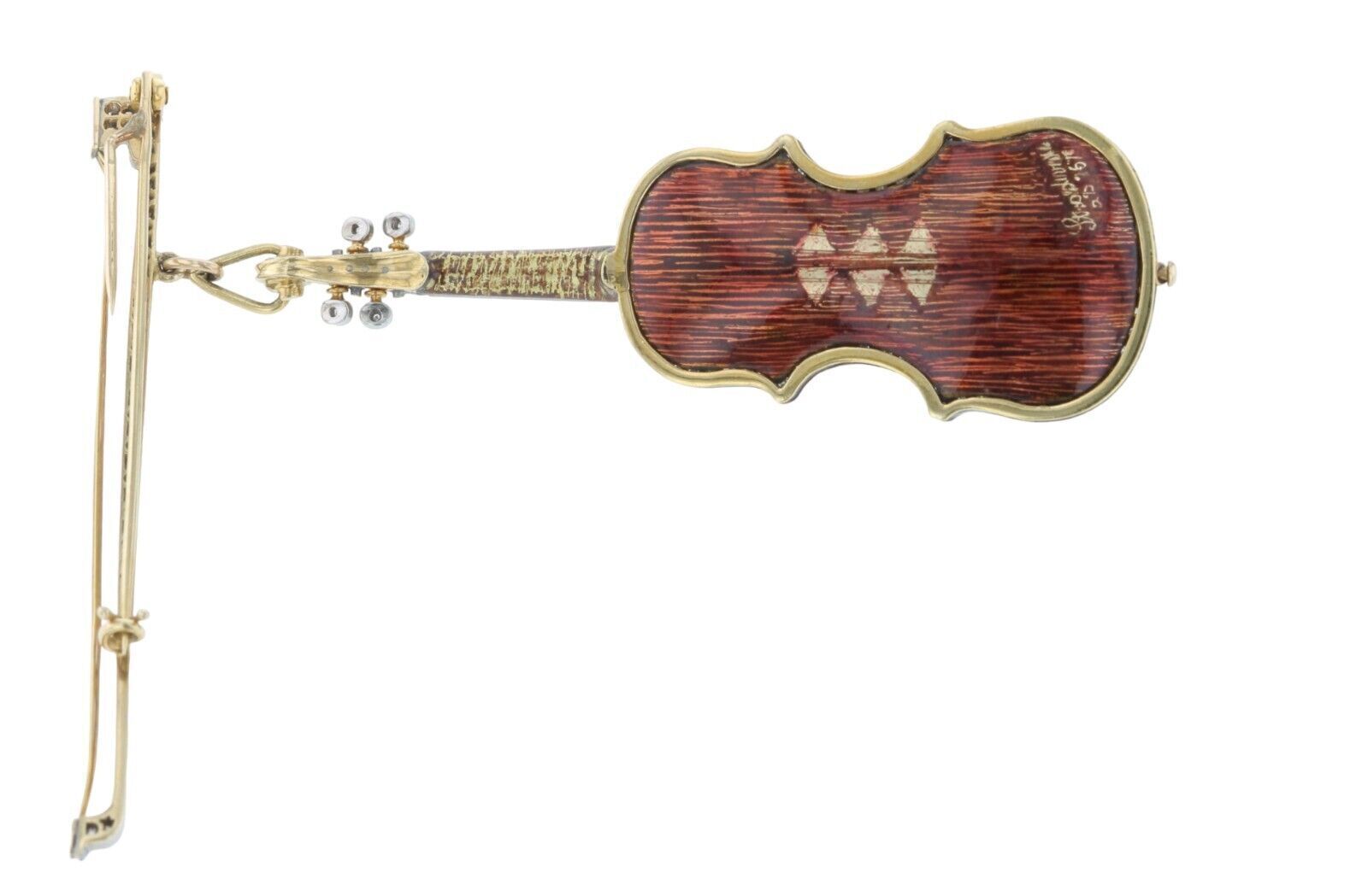 Platinum 18 Karat Yellow Gold & Diamond Violin and Bow Brooch