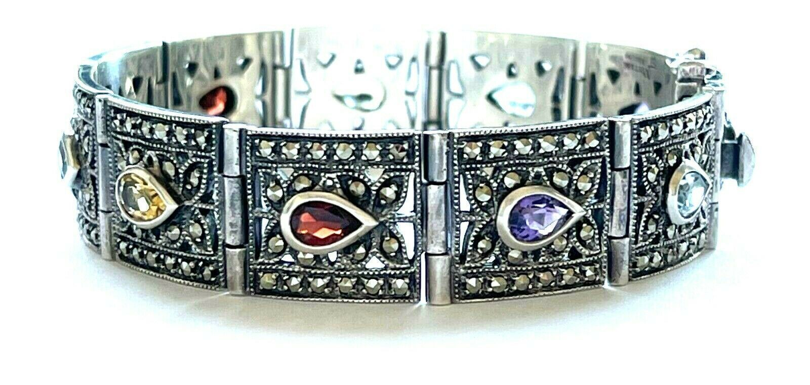 Vintage 925 Sterling Multicolor Gemstone Link Bracelet