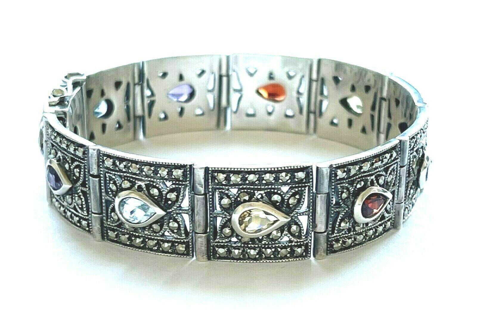 Vintage 925 Sterling Multicolor Gemstone Link Bracelet