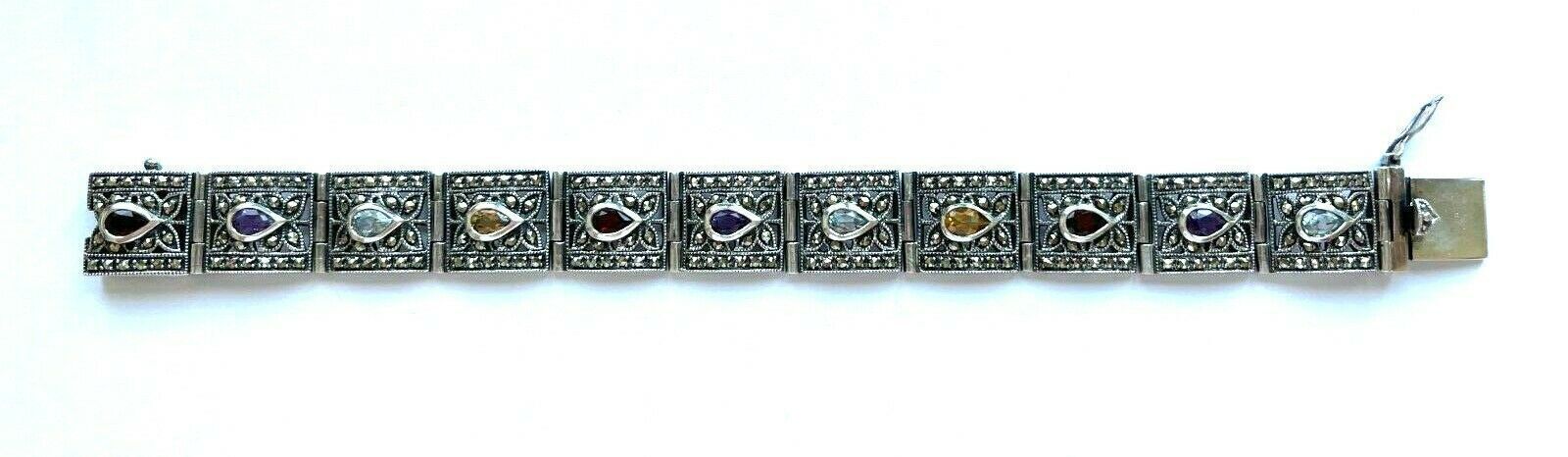 Vintage 925 Sterling Multicolor Gemstone Link Bracelet