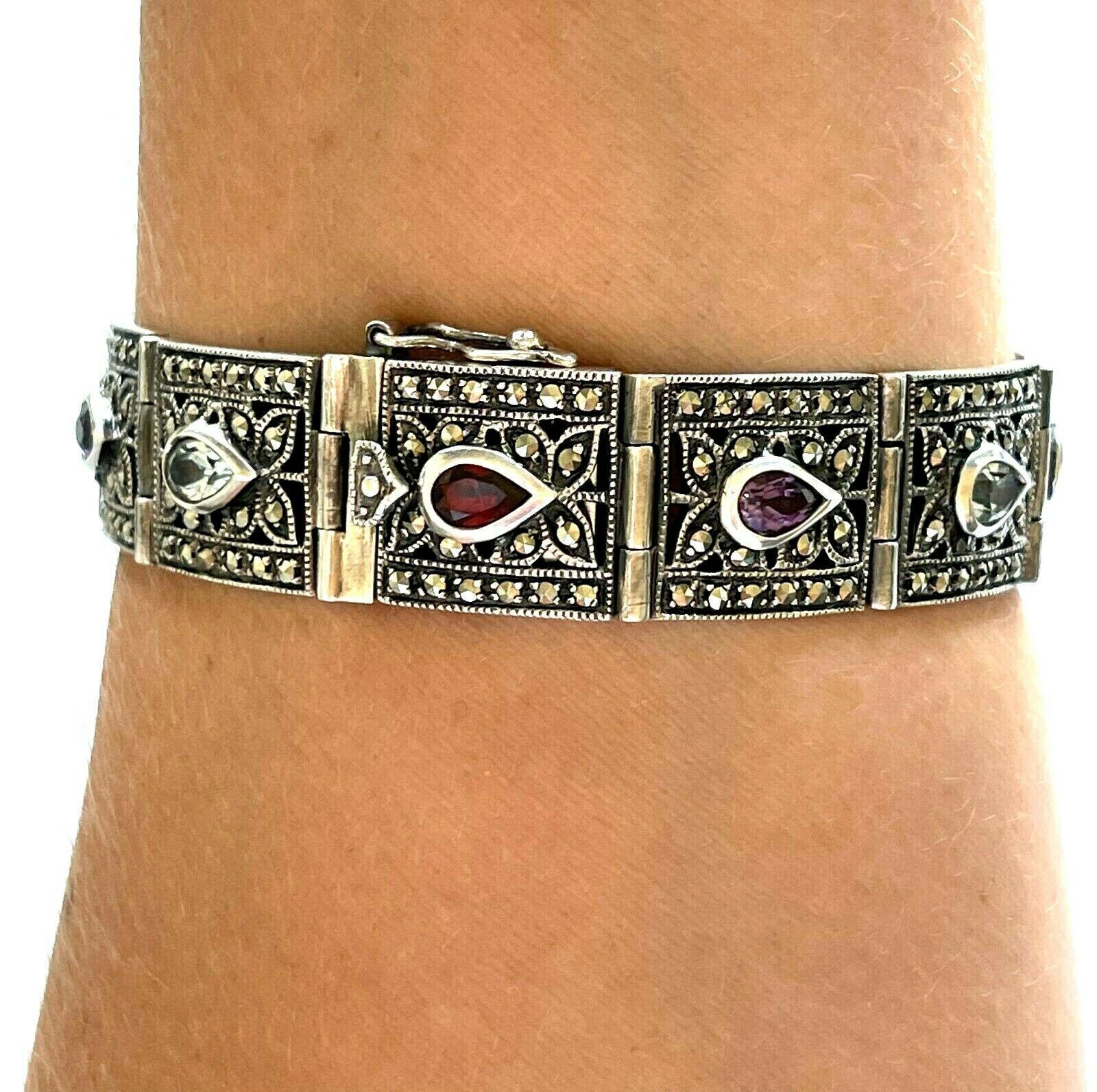 Vintage 925 Sterling Multicolor Gemstone Link Bracelet