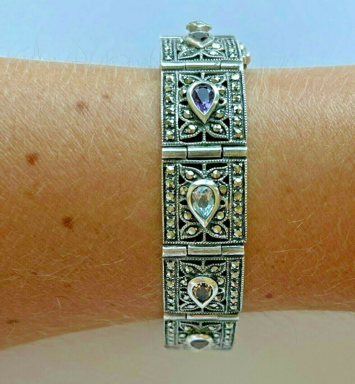 Vintage 925 Sterling Multicolor Gemstone Link Bracelet