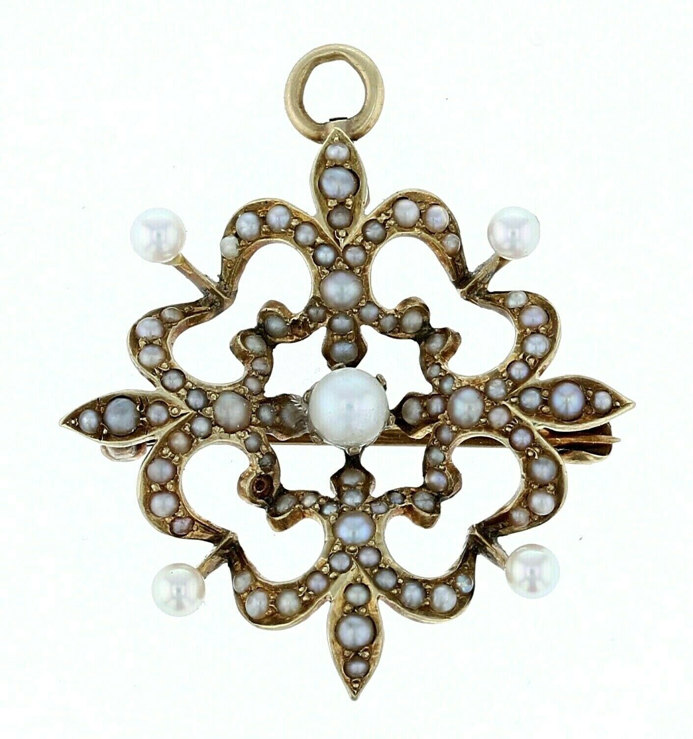 14KT Yellow Gold  Vintage Flower Design Seed Pearl Pendant/Brooch