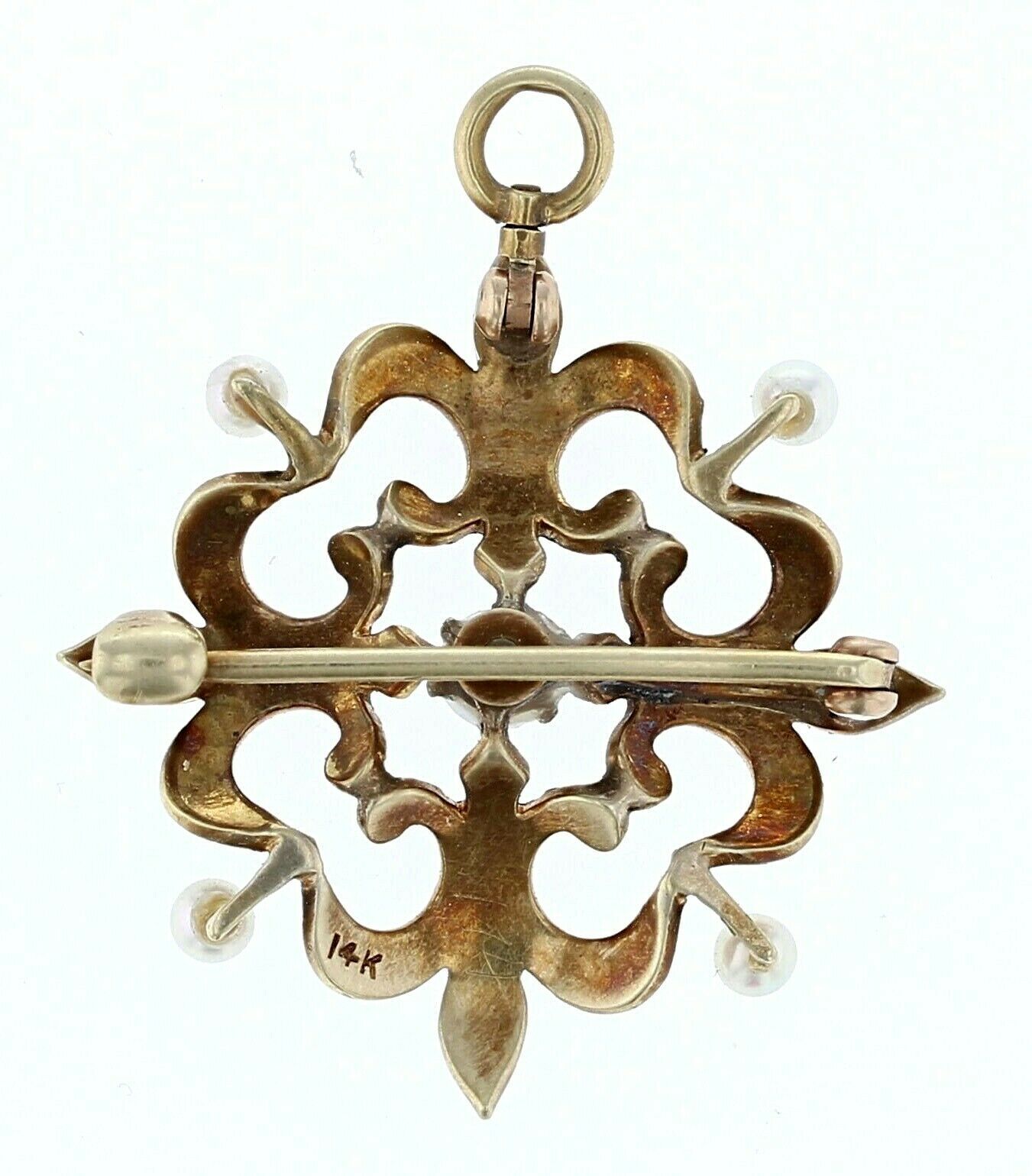 14KT Yellow Gold  Vintage Flower Design Seed Pearl Pendant/Brooch