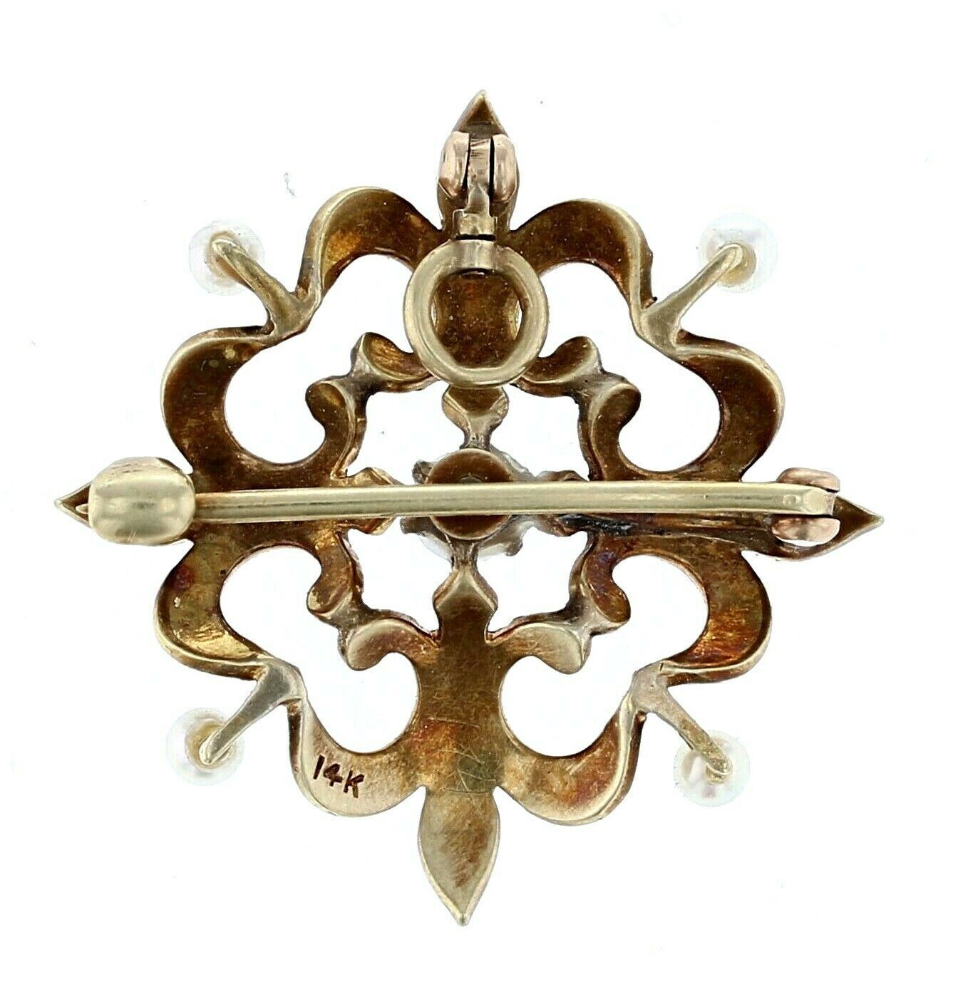 14KT Yellow Gold  Vintage Flower Design Seed Pearl Pendant/Brooch