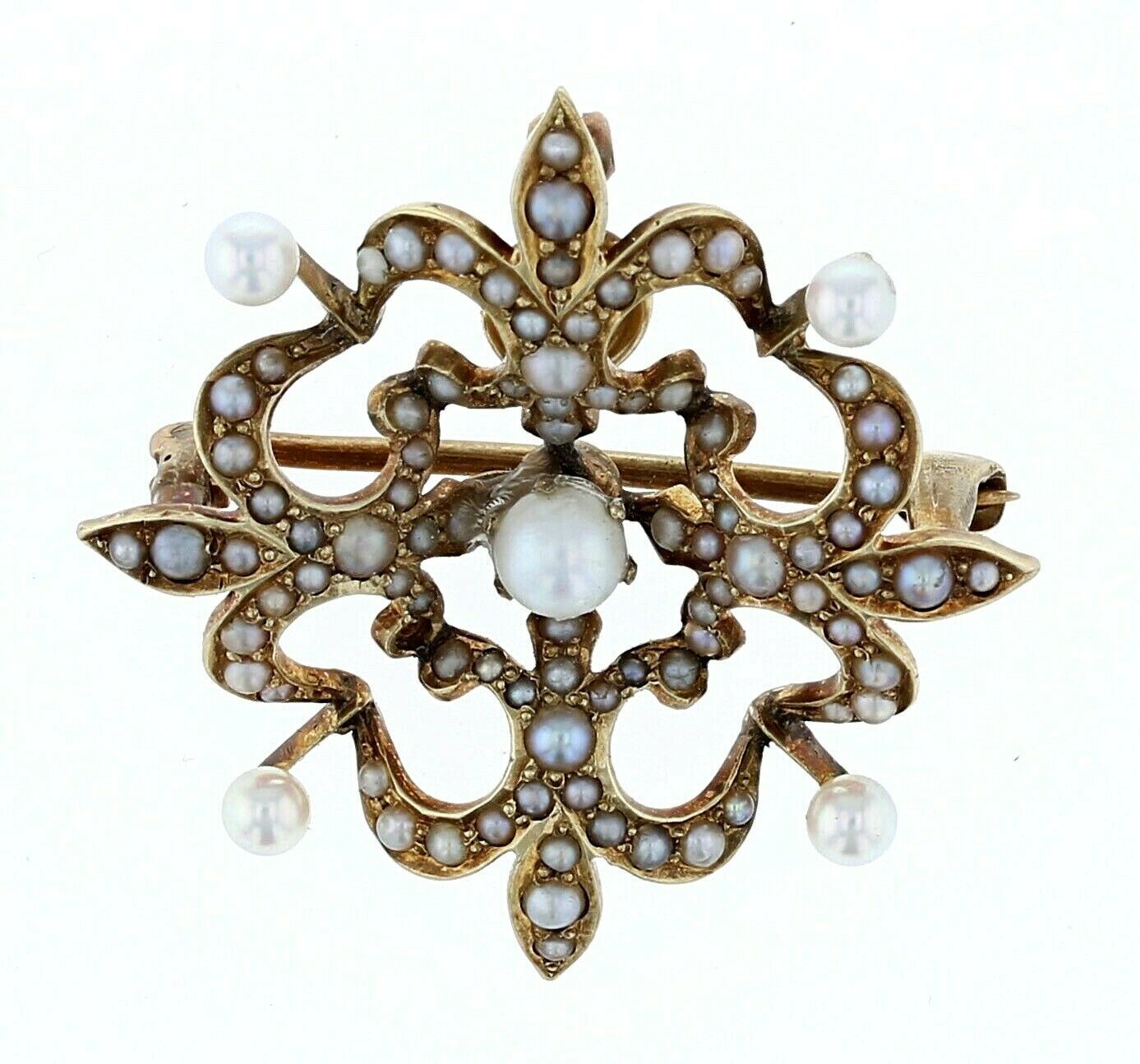 14KT Yellow Gold  Vintage Flower Design Seed Pearl Pendant/Brooch