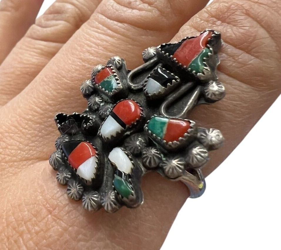 Vintage Fred Harvey Era Native American Zuni Knifewing Inlaid Ring Sz 6.5