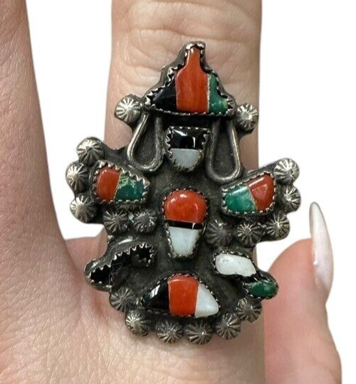 Vintage Fred Harvey Era Native American Zuni Knifewing Inlaid Ring Sz 6.5